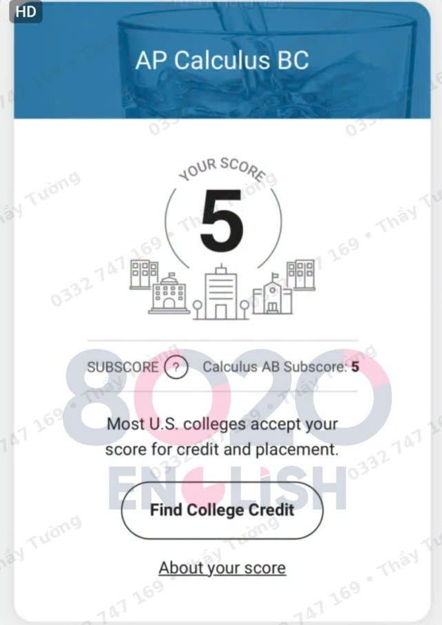 AP Calculus BC score report showing a 5, with Calculus AB subscore 5